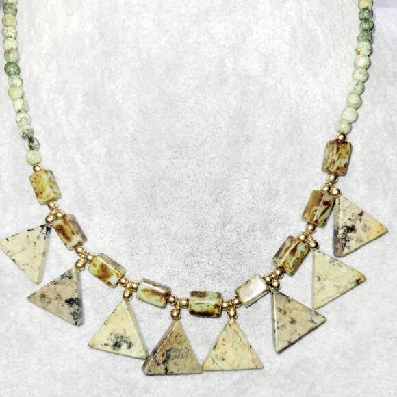 Atlantisite and Malachite Gemstone Necklace Triangular Pendants Beaded Design 16 - Picture 2 of 5